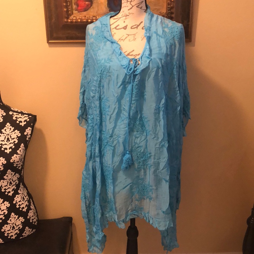 🐠 NT by Amatz Bohemian Silk embroidered front ruffle trim crinkly coverup